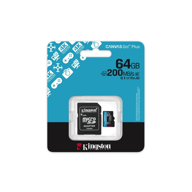 Kingston карта памет 64GB microSDXC Canvas Go Plus Gen4 200MB/s A2 U3 V30 + адаптер