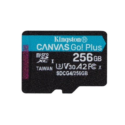 Kingston карта памет 256GB microSDXC Canvas Go Plus Gen4 200MB/s A2 U3 V30 + адаптер
