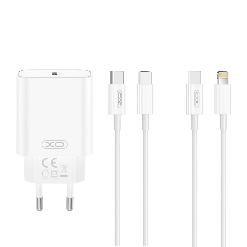XO мрежово зарядно CE32 PD 20W 1x USB-C бяло + кабел USB-C - USB-C