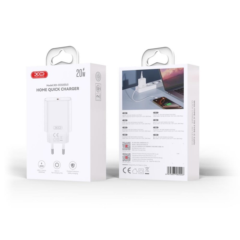 XO мрежово зарядно CE32 PD 20W 1x USB-C бяло + кабел USB-C - USB-C