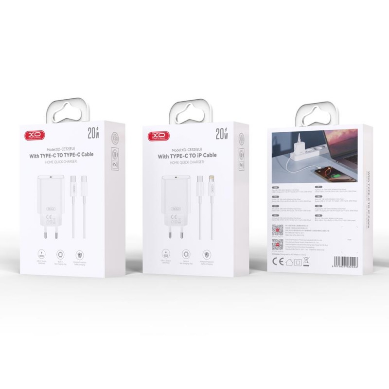 XO мрежово зарядно CE32 PD 20W 1x USB-C бяло + кабел USB-C - USB-C