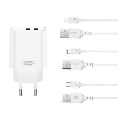 XO мрежово зарядно CE34 2x USB 2,4A бяло + Lightning кабел