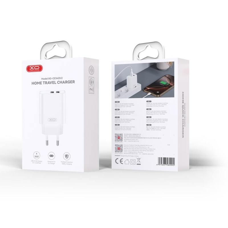 XO мрежово зарядно CE34 2x USB 2,4A бяло + Lightning кабел
