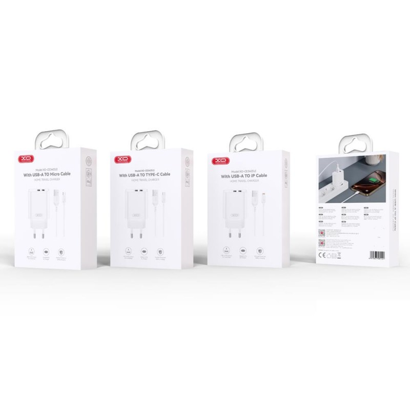 XO мрежово зарядно CE34 2x USB 2,4A бяло + Lightning кабел