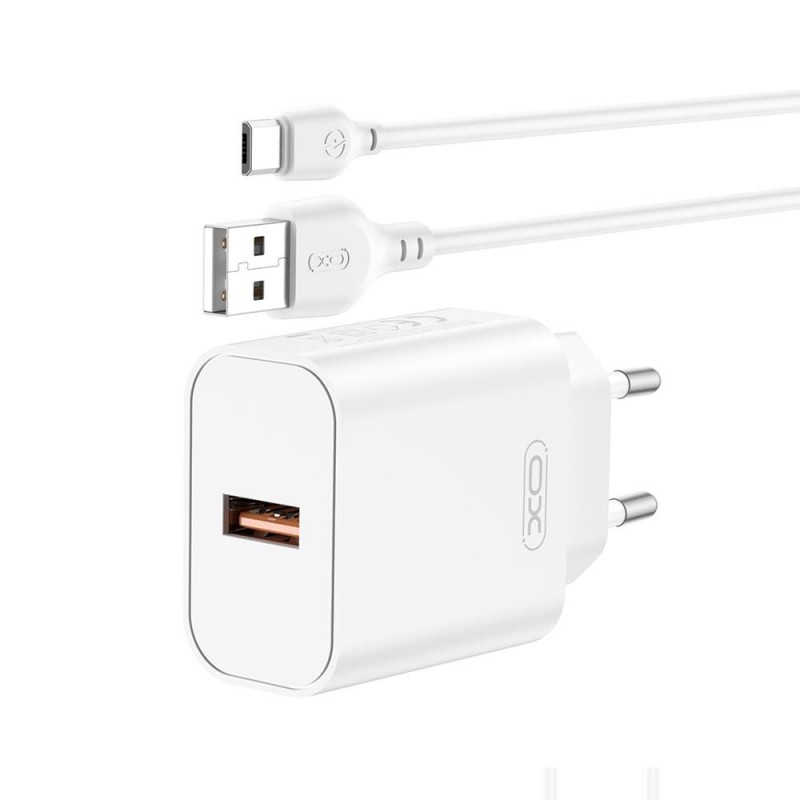 XO мрежово зарядно CE33 QC 18W 1x USB бяло + USB-C кабел