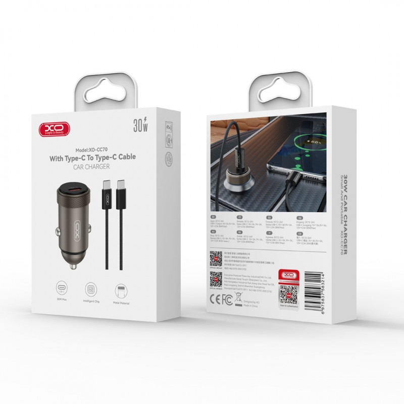 XO автомобилно зарядно CC70 PD 30W 1x USB-C черно + кабел USB-C - USB-C