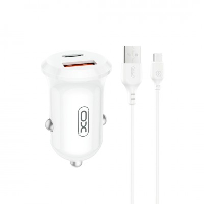 XO автомобилно зарядно CC69 PD 30W QC 1x USB 1x USB-C бяло + кабел USB - USB-C