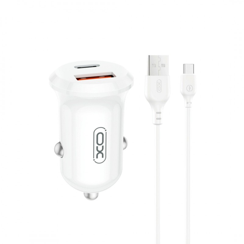 XO автомобилно зарядно CC69 PD 30W QC 1x USB 1x USB-C бяло + кабел USB - USB-C