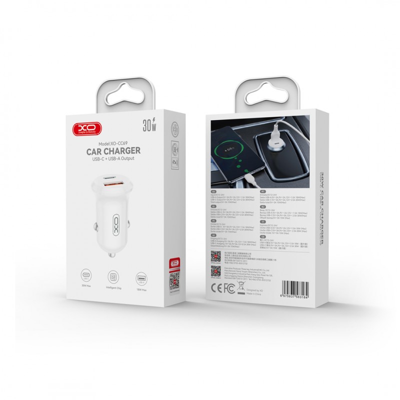 XO автомобилно зарядно CC69 PD 30W QC 1x USB 1x USB-C бяло
