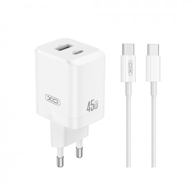 XO мрежово зарядно устройство CE36 PD 45W 1x USB-C 1x USB бяло + кабел USB-C - USB-C