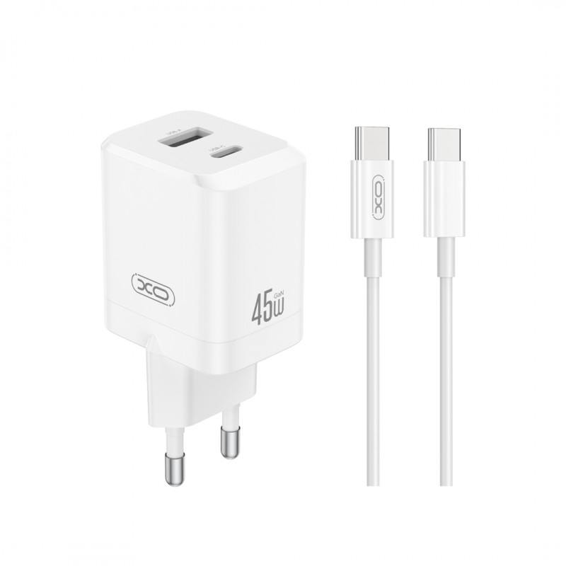 XO мрежово зарядно устройство CE36 PD 45W 1x USB-C 1x USB бяло + кабел USB-C - USB-C