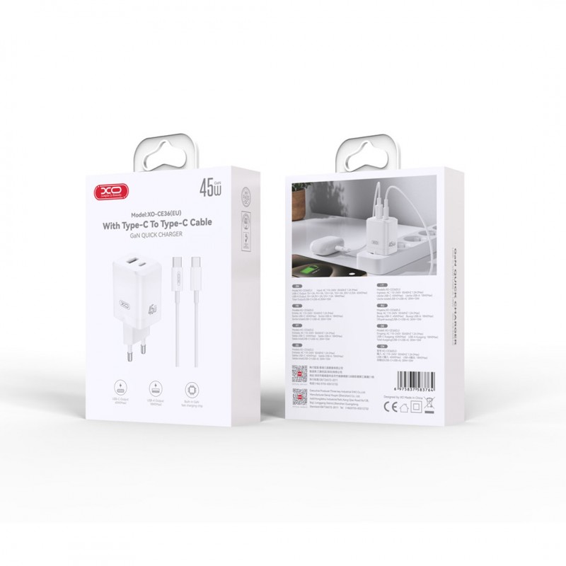 XO мрежово зарядно устройство CE36 PD 45W 1x USB-C 1x USB бяло + кабел USB-C - USB-C