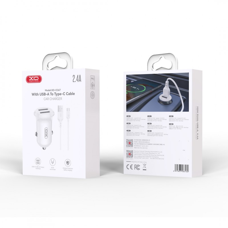 XO автомобилно зарядно CC67 12W 2x USB черно + кабел USB - USB-C