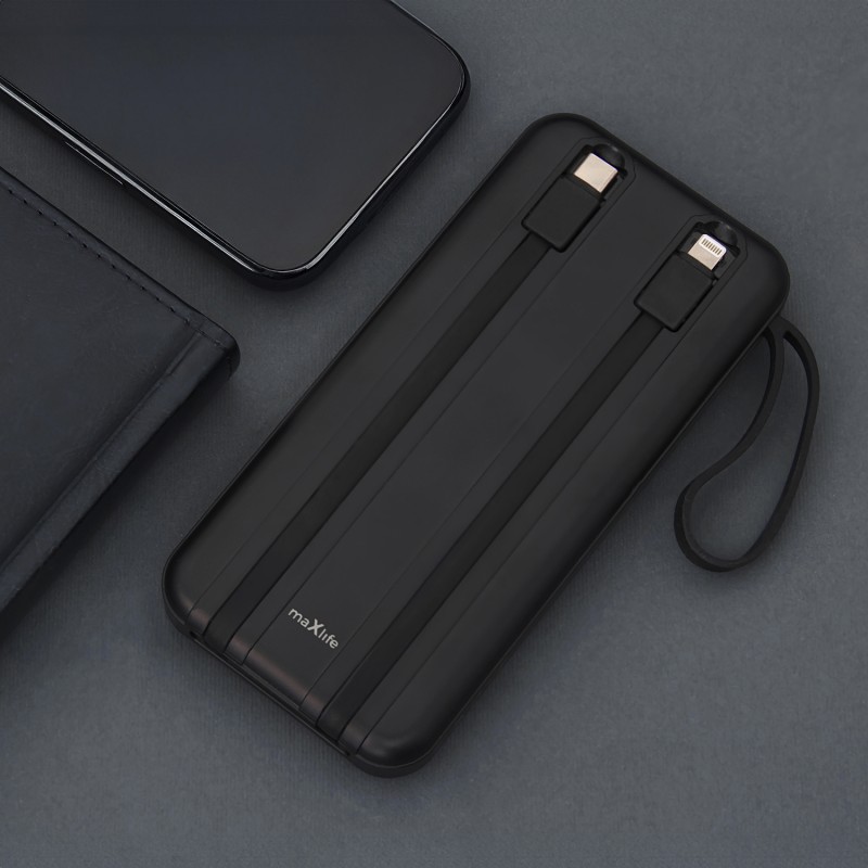 Maxlife power bank с вградени кабели MXPB-06 PD QC 22.5W 10000 mAh черен
