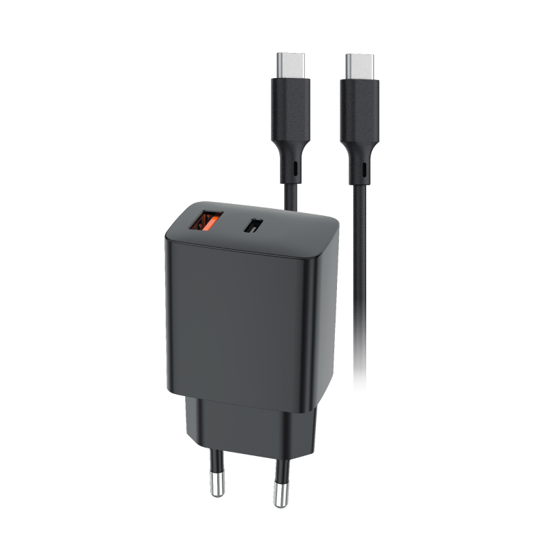 Setty USB-A + USB-C PD/QC 30W стенно зарядно черно + USB-C кабел 1m RLSK-AC-01 черно