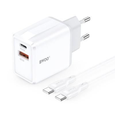 BWOO мрежово зарядно CDA182 QC 38W 1x USB-A + 1x USB-C 3,8A с USB-C кабел 1 m бяло