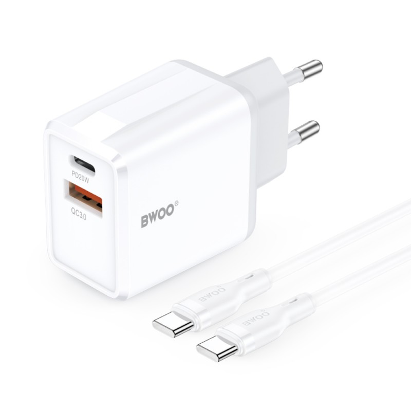 BWOO мрежово зарядно CDA182 QC 38W 1x USB-A + 1x USB-C 3,8A с USB-C кабел 1 m бяло
