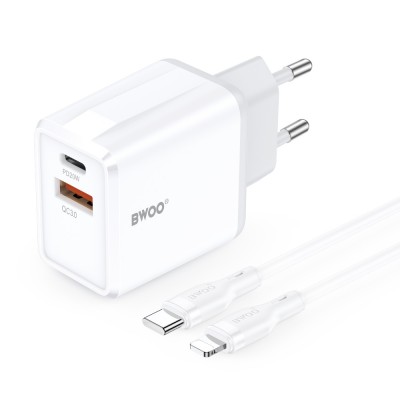 BWOO мрежово зарядно CDA182 QC 38W 1x USB-A + 1x USB-C с кабел USB-C-Lightning 1 m бяло