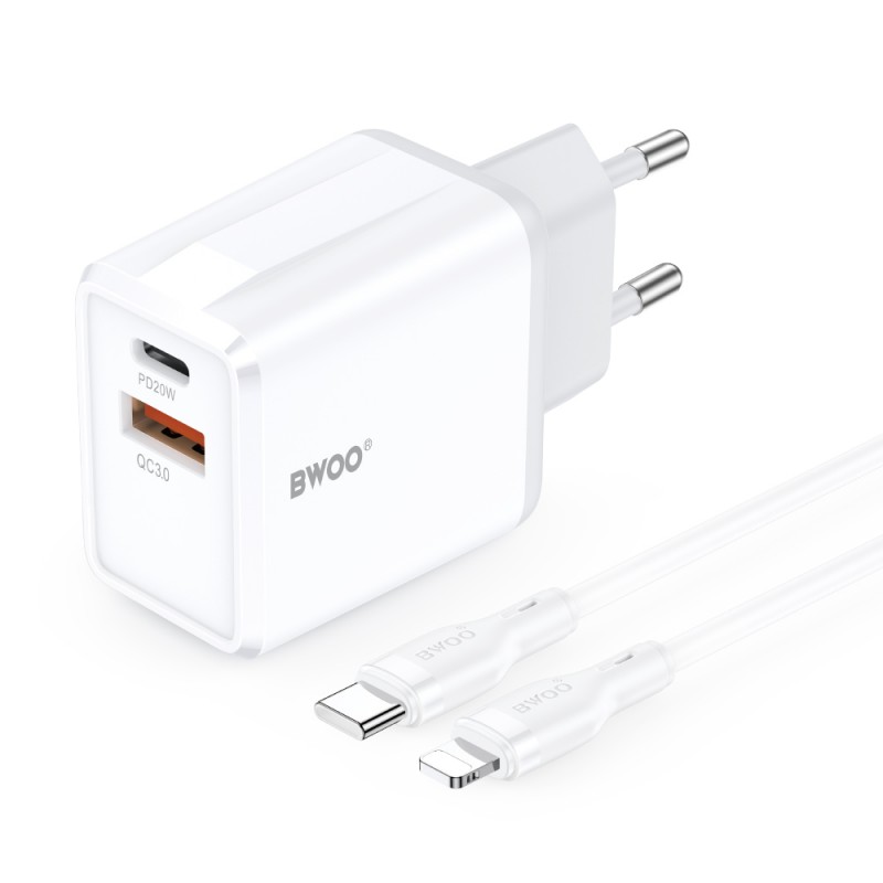 BWOO мрежово зарядно CDA182 QC 38W 1x USB-A + 1x USB-C с кабел USB-C-Lightning 1 m бяло