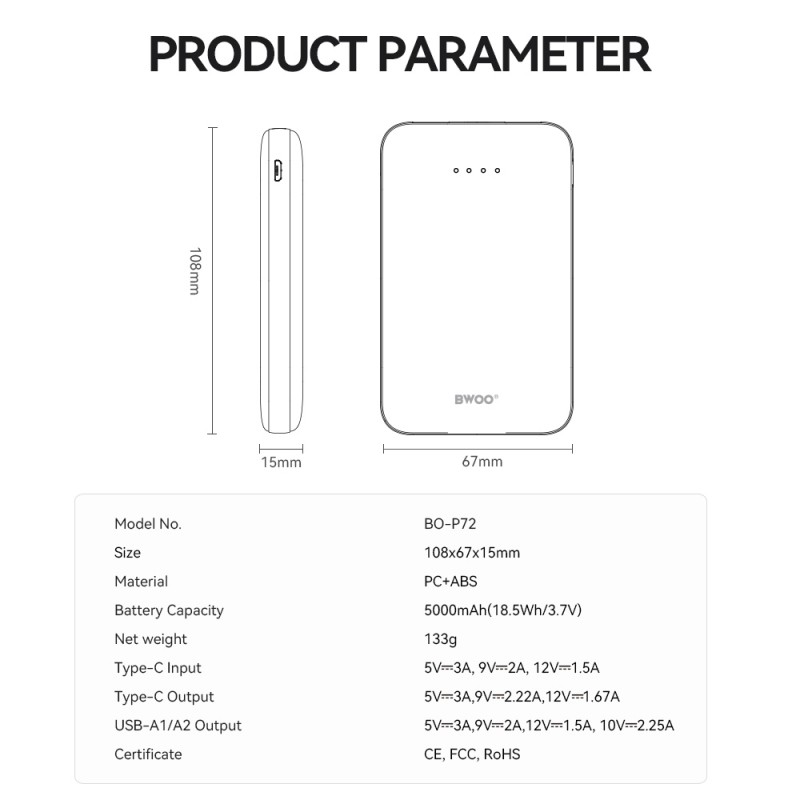Външна батерия BWOO P72 QC 22.5W PD 20W 5000 mAh с 2 x USB-A и 1 x USB-C, черна