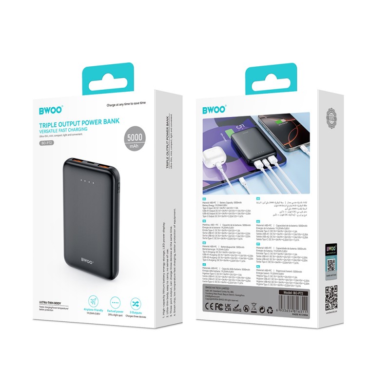 Външна батерия BWOO P72 QC 22.5W PD 20W 5000 mAh с 2 x USB-A и 1 x USB-C, черна
