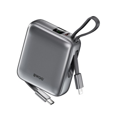 BWOO power bank P74 22.5W 10000 mAh с 2 вградени кабела 1 x USB-C 1 x Lightning сребрист