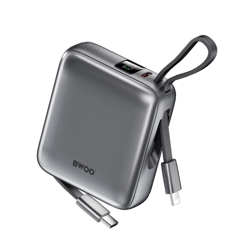 BWOO power bank P74 22.5W 10000 mAh с 2 вградени кабела 1 x USB-C 1 x Lightning сребрист