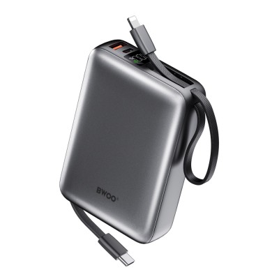 BWOO power bank P73 22.5W 20000 mAh с 2 вградени кабела 1 x USB-C 1 x Lightning сребрист