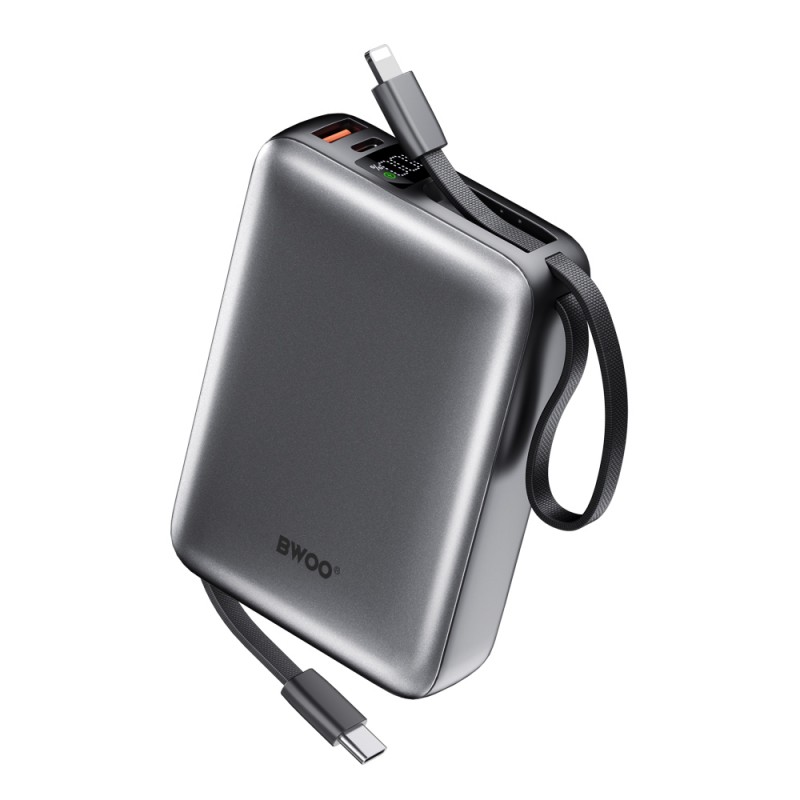 BWOO power bank P73 22.5W 20000 mAh с 2 вградени кабела 1 x USB-C 1 x Lightning сребрист