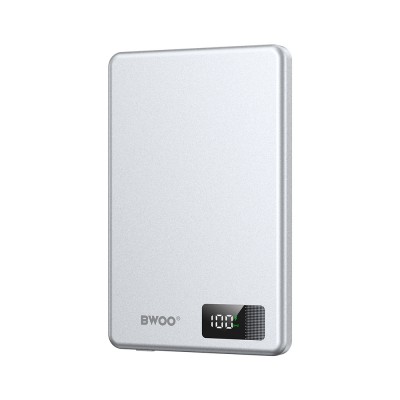 Ултратънка магнитна външна батерия BWOO P75 PD 20W 5000 mAh в алуминиев корпус с дисплей и USB-C порт, сребриста