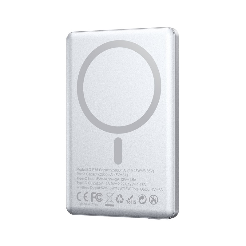 Ултратънка магнитна външна батерия BWOO P75 PD 20W 5000 mAh в алуминиев корпус с дисплей и USB-C порт, сребриста