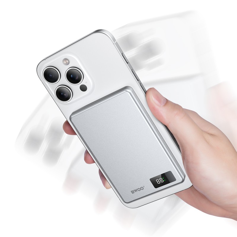 Ултратънка магнитна външна батерия BWOO P75 PD 20W 5000 mAh в алуминиев корпус с дисплей и USB-C порт, сребриста