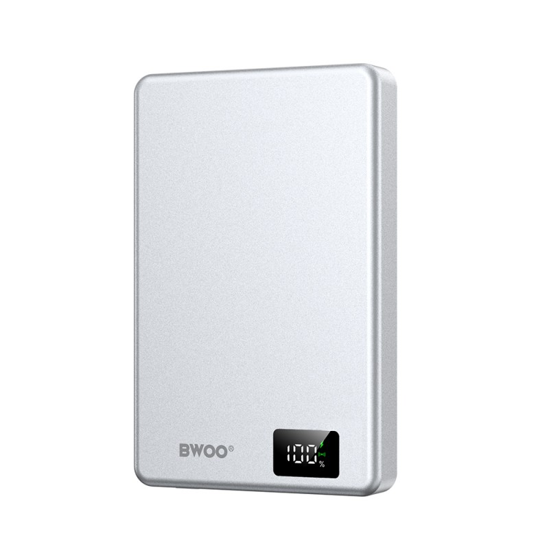 BWOO магнитен power bank P76 PD 20W 10000 mAh ултратънък в алуминиев корпус с дисплей и USB-C порт сребрист