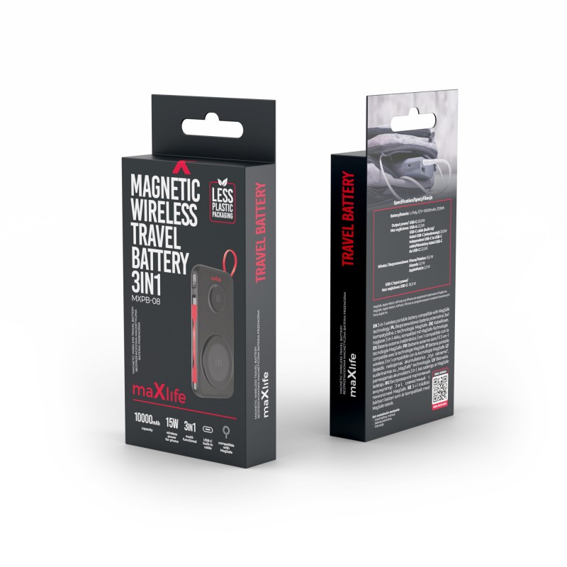 Maxlife безжична захранваща банка MXPB-08 10000 mAh магнитна 3в1 черна