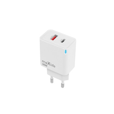Maxlife GaN PD QC стенно зарядно устройство MXTC-09-30AC 1x USB-C 1x USB 30W бяло