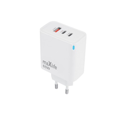 Maxlife GaN PD QC стенно зарядно устройство MXTC-09-65ACC 2x USB-C 1x USB 65W бяло