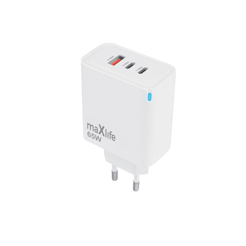 Maxlife GaN PD QC стенно зарядно устройство MXTC-09-65ACC 2x USB-C 1x USB 65W бяло