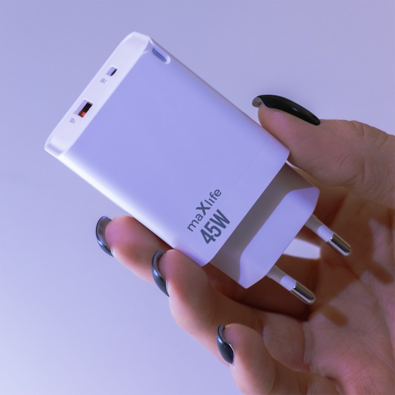 Maxlife GaN PD QC стенно зарядно MXTC-09-45AC 1x USB-C 1x USB 45W бяло