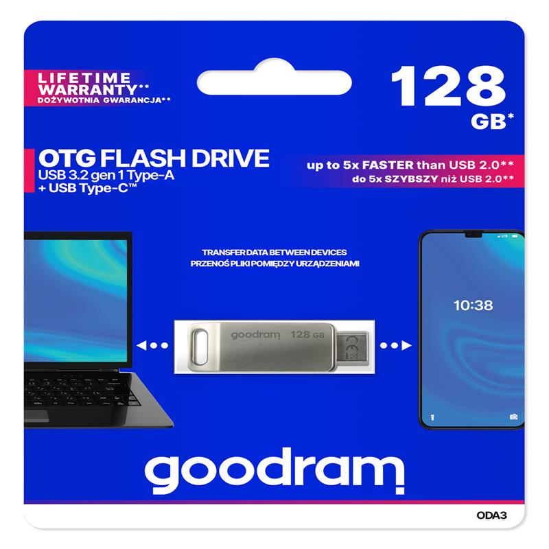 Goodram флаш памет 128GB USB 3.2 ODA3 сребриста TYPE-A + TYPE-C