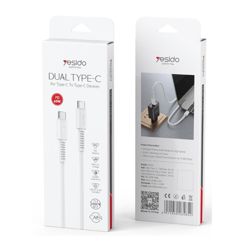 Yesido Кабел CA154 PD 60W Type-C/Type-C 1m PVC 3A, БЯЛ