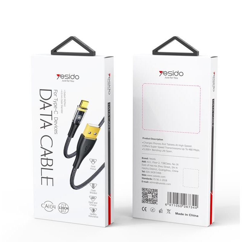 Yesido Кабел CA104 18W USB-Type-C 1.2m PVC 2A, ЧЕРЕН / ЧЕРЕН