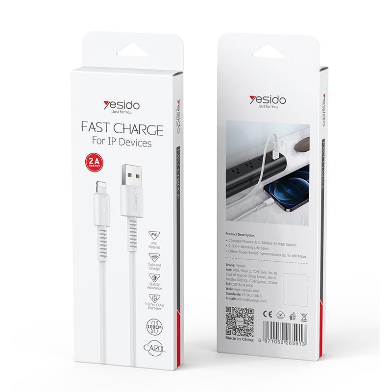 Yesido Кабел CA120 18W USB-Type-C 1m PVC 2A, БЯЛ