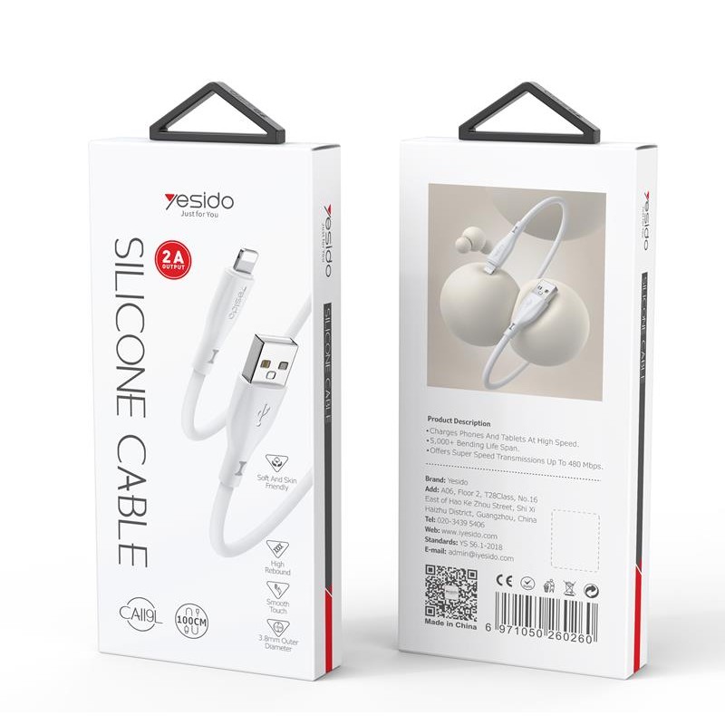 Силиконов кабел Yesido CA119 12W USB-Lightning 1m 2.4A, БЯЛ