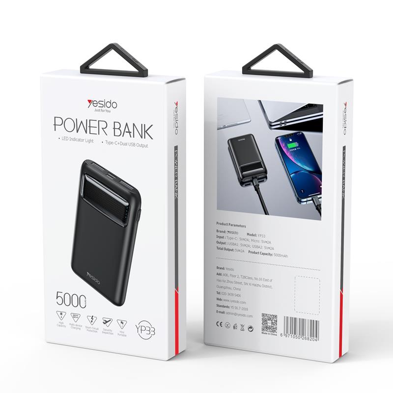 Yesido Powerbank YP33 5000 mAh LED, 2xUSB + USB-C + MicroUSB, ЧЕРЕН / ЧЕРЕН