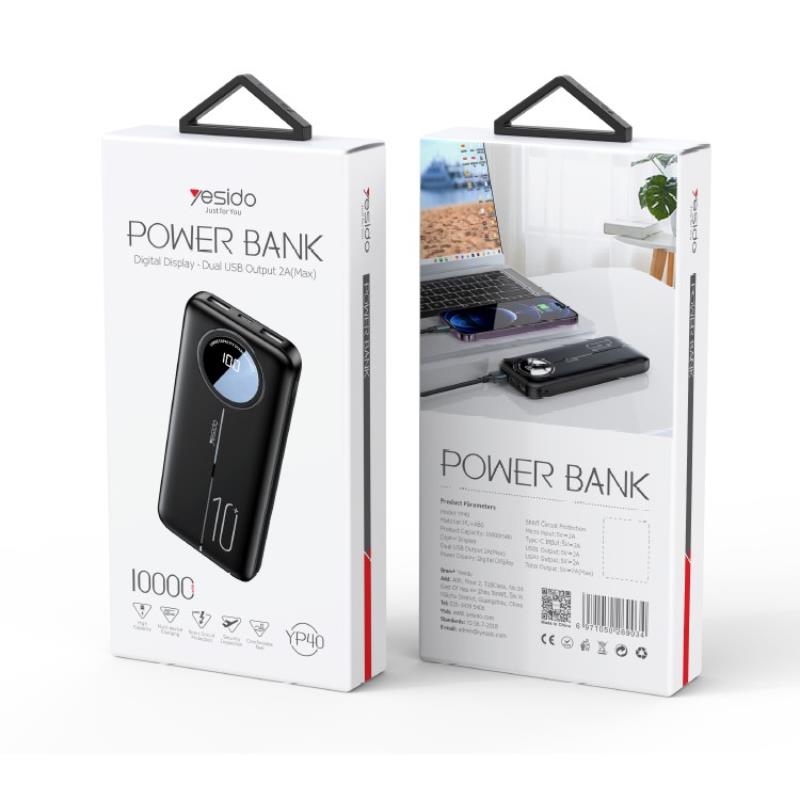 Yesido Powerbank YP40 10 000 mAh LED, 2xUSB-A + USB-C, ЧЕРЕН / ЧЕРЕН
