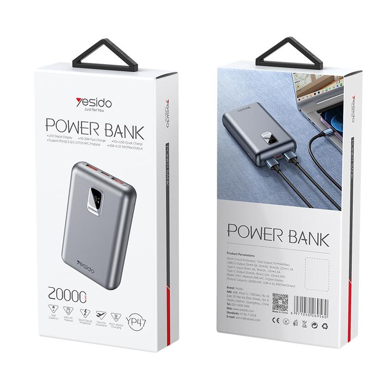 Yesido Powerbank YP47 20 000 mAh 22.5W + PD20W, LED, СРЕБРИСТ