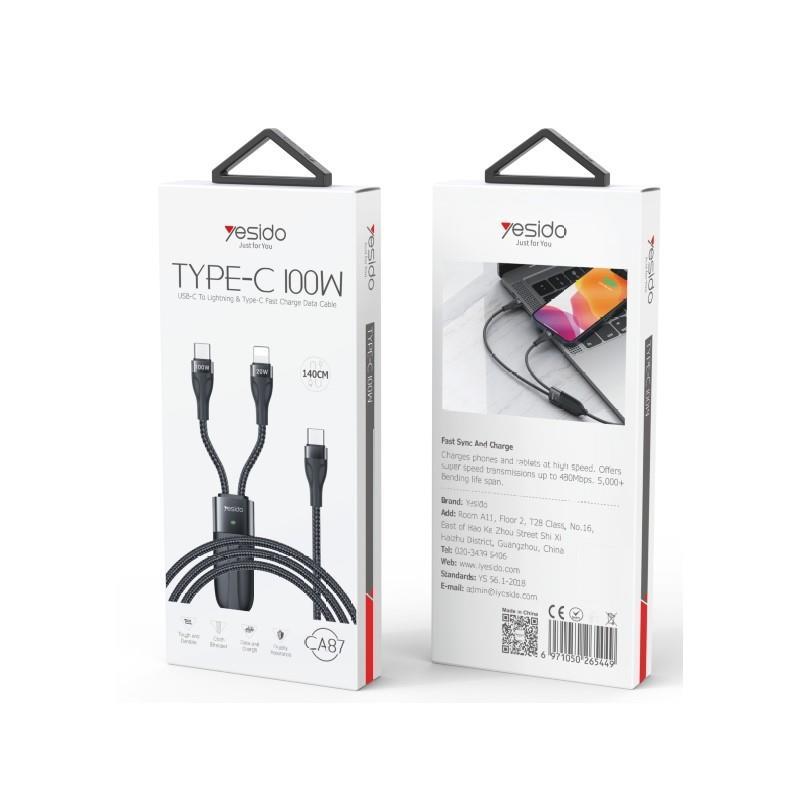 Yesido Кабел CA87 Type-C-2in1 100W 1.4m, ЧЕРЕН