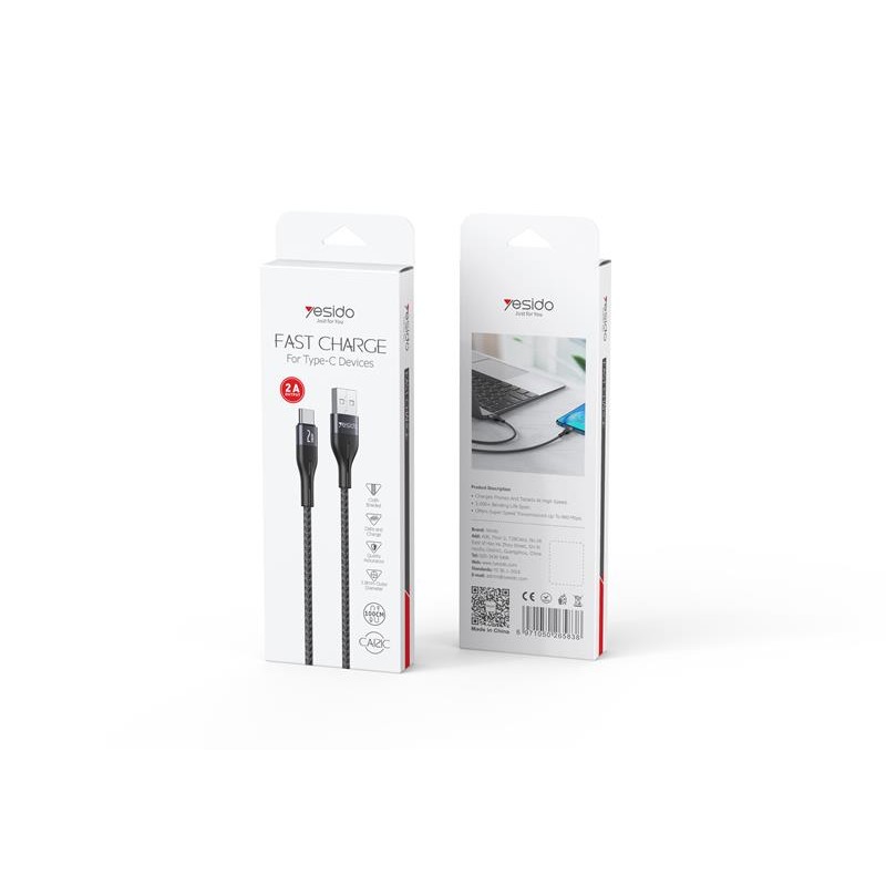 Yesido Кабел CA121 18W USB-Type-C 1m 2A, ЧЕРЕН