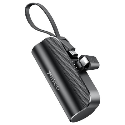 Yesido Powerbank YP68 5000 mAh 12W + USB-C кабел, Lightning конектор, ЧЕРЕН