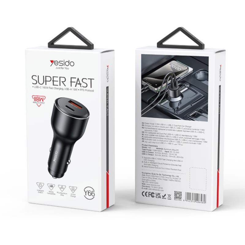 Зарядно за кола Yesido Y65 118W QC3.0 USB-A+C ЧЕРНО / ЧЕРНО
